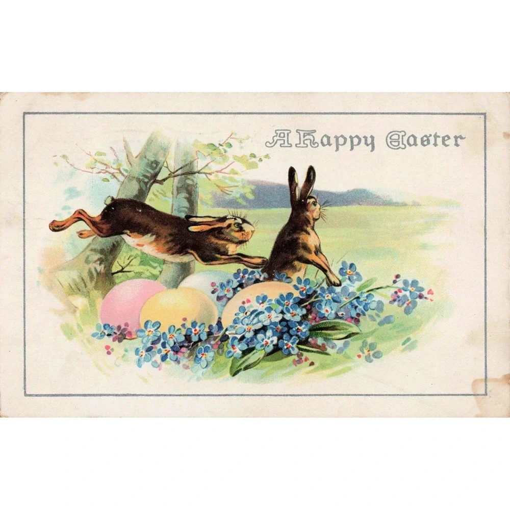Easter Postcard 1913 Hares Rabbits Jumping Eggs Forget-Me-Nots Embossed Germany